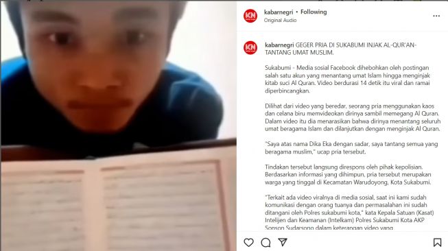Video Viral Pemuda Sukabumi Injak-injak Alquran: Saya Dika Eka Menantang Semua Muslim