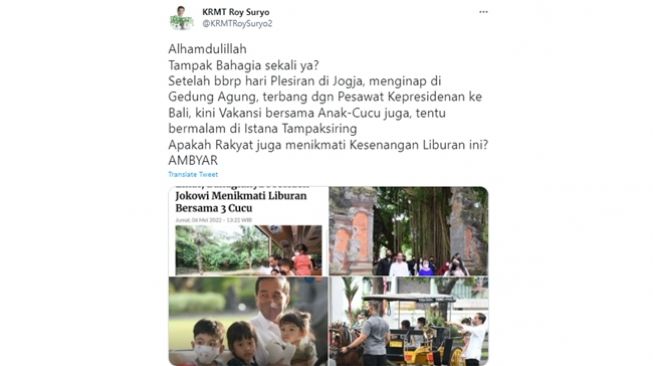 Roy Suryo komentari momen libur lebaran 2022 Presiden Joko Widodo (Jokowi) dan keluarganya ke Jogja sampai Bali. (Twitter/@KRMTRoySuryo2)