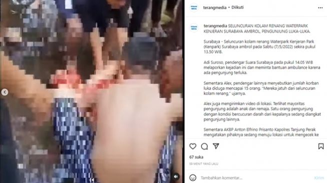 Detik-detik wahana seluncuran di Kenjeran Park Surabaya ambrol pada Sabtu (7/5/2022) siang, belasan orang dilaporkan terluka. (Instagram/@terangmedia)