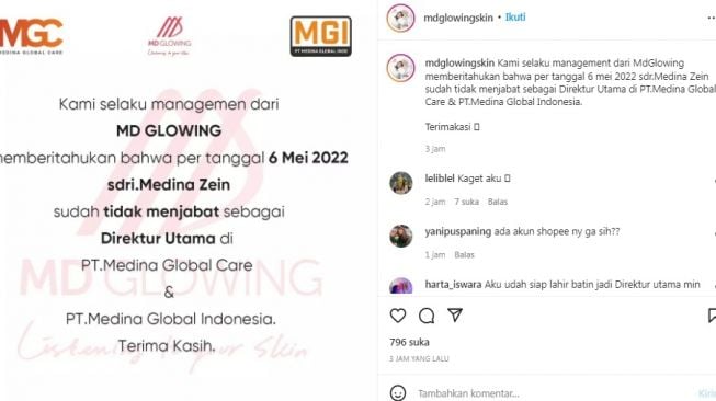 Unggahan soal Medina Zein [Instagram/@mdglowingskin]