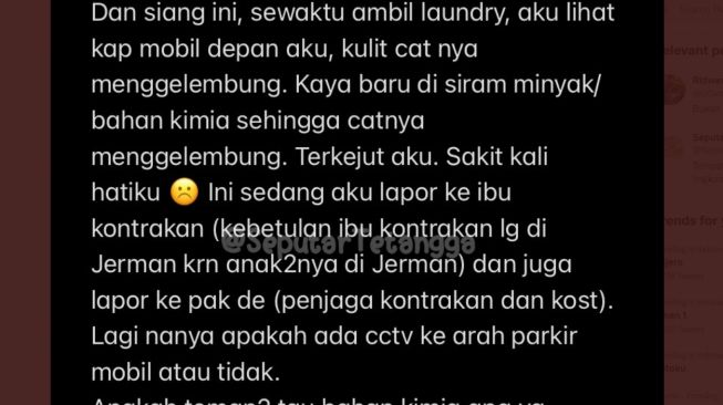 Curhatan punya tetangga yang sok kuasa, rusak mobil penghuni kontrakan hingga cat terkelupas (Twitter)