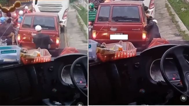 Sopir bus lap mobil di depannya saat macet yang cukup panjang di jalan (Instagram)