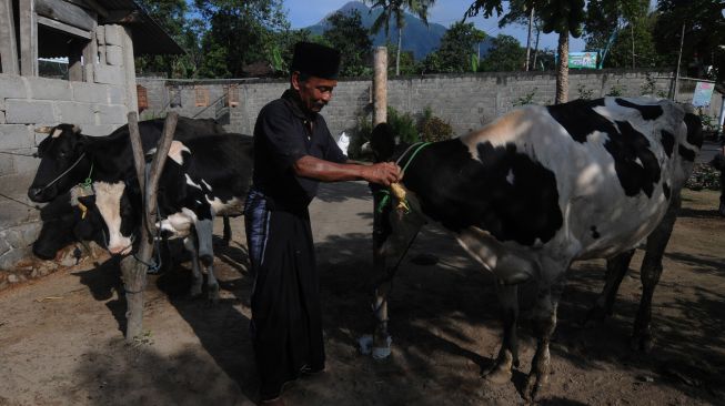 Warga mengikuti kendurian Tradisi Lebaran Sapi di lereng Gunung Merapi, Mlambong, Sruni, Musuk, Boyolali, Jawa Tengah, Senin (9/5/2022). [ANTARA FOTO/Aloysius Jarot Nugroho/rwa]