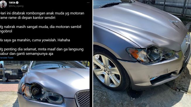 Reaksi dokter Tirta usai mobil Jaguar ditabrak pemotor bikin publik salut (Twitter)