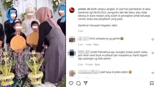 Viral seorang wanita di Maospati, Magetan terlihat berdiri sendiri di pelaminan karena pengantin pria kabur saat hari pernikahan. (Instagram/@andreli_48)