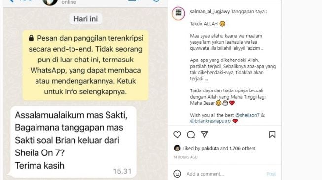 Tangkapan layar seorang fans yang menannyakan tanggapan kepada eks Band Sheila On 7 terkait hengkangnya personel Band Sheila On 7. - (Instagram/@salman_al_jugjawy)