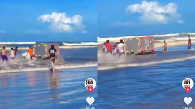 Bikin Panik Ganggu Orang Liburan, Viral Video Mobil Boks Meluncur Masuk ke dalam Pantai