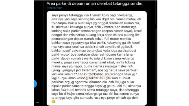 Lahan parkir jadi rebutan tetangga serumah (Twitter)