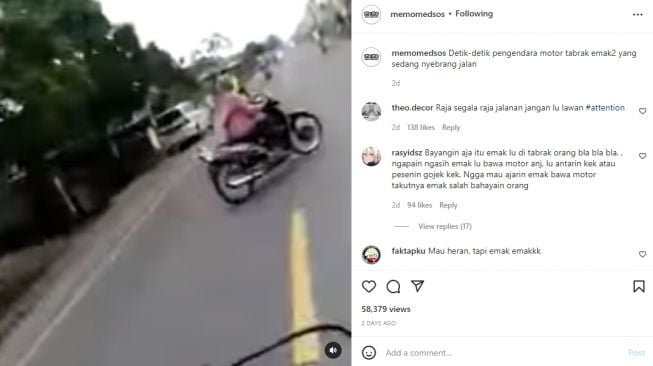 Emak-emak ditabrak pemotor, publik soroti aksi penabrak (Instagram)