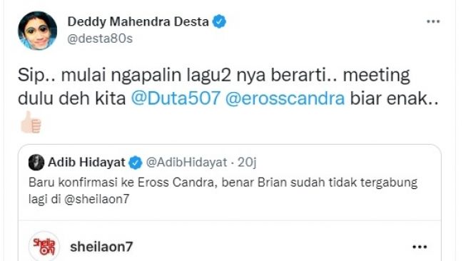 Cuitan Desta di Twitter usai salah seorang personel Sheila On 7 hengkang. - (Twitter/@desta80s)