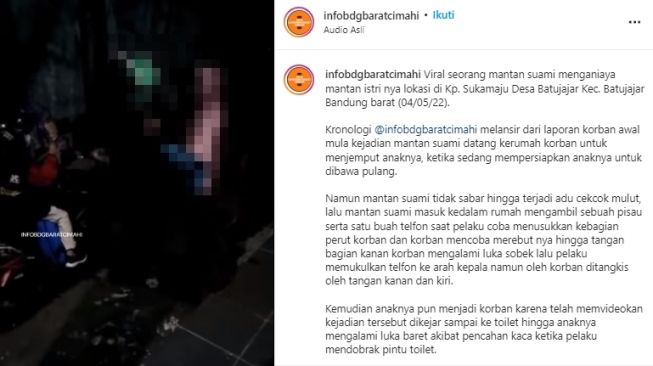 Seorang pria di Bandung Barat terekam tega menghajar hingga mencoba menusuk mantan istri di depan anak-anaknya. (Instagram/@infobdgbaratcimahi)