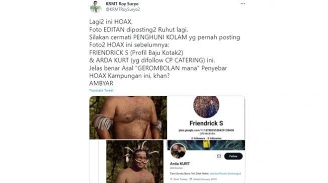 Roy Suryo semprot Ruhut Sitompul soal foto editan Anies Baswedan pakai koteka yang dianggap rasis, sekaligus mengungkap jejak digital akun-akun yang terlebih dahulu mengunggah foto editan tersebut. (Twitter/@KRMTRoySuryo2)