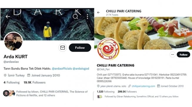 Tangkapan layar akun Twitter @ardawiax (Arda KURT) yang menurut Roy Suryo mengunggah terlebih dahulu foto editan Anies Baswedan memakai koteka yang ternyata diikuti oleh Chilli Pari Catering. (Twitter/@KRMTRoySuryo2/@Chilli_Pari)