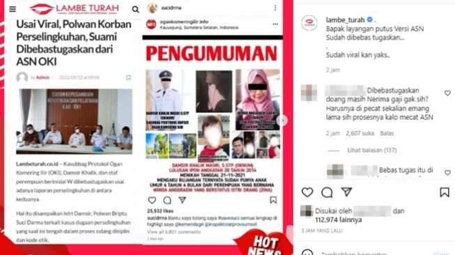 ASN 'Layangan Putus' DKM dan W dibebastugaskan oleh Pemkab Ogan Komering Ilir (OKI) usai istri sah DKM, Briptu Suci Darma, memviralkan kisah perselingkuhan suaminya. (Instagram/@lambe_turah)