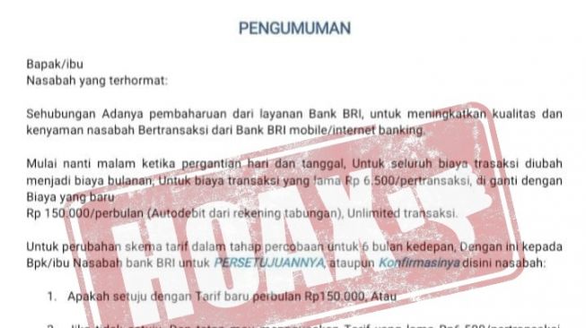 Pesan yang mengatasnamakan tarif Bank BRI naik Rp.150 ribu (WhatsApp)