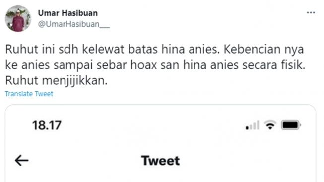 Tokoh NU, Umar Sadat Hasibuan alias Gus Umar mengecam Ruhut Sitompul yang mengunggah foto editan Anies Baswedan yang bernuansa rasisme. (Twitter/@UmarHasibuan__)