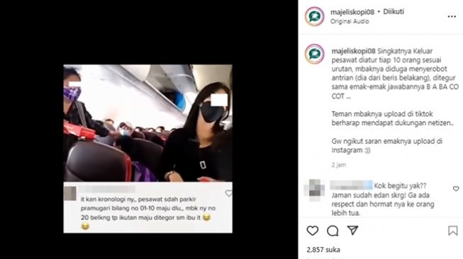 Viral perempuan muda menjawab kasar saat ditegur penumpang ibu-ibu diduga karena menyerobot antrean turun dari pesawat. (Instagram/@majeliskopi08)