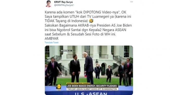 Roy Suryo bandingkan interaksi Presiden Joko Widodo dan Presiden Amerika Serikat, Joe Biden, dengan interaksi Biden bersama Sultan Brunei Darussalam, Hassanal Bolkiah di KTT ASEAN-AS. (Twitter/@KRMTRoySuryo2)