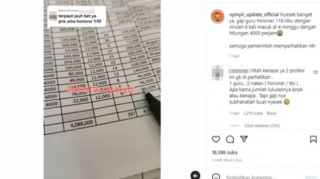 Guru ungkap terima honor Rp 118.000 per bulan, per jam mengajar cuma Rp 4.000. (Instagram/@nyinyir_update_official)