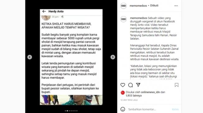 Viral warga protes ditarik retribusi Rp 5.000 saat akan salat di Masjid Terapung Samudera Ilalahi Painan, Pesisir Selatan, Sumatera Barat, dengan dalih sudah memasuki kawasan wisata. (Instagram/@memomedsos)