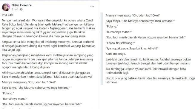 Curhat pemotor ketemu pria tak dikenal yang justru seperti malaikat penolong (Facebook)