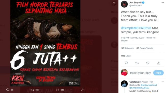 Raih 6 Juta Penonton, KKN di Desa Penari Bersiap Masuk Sejarah Dunia Film!