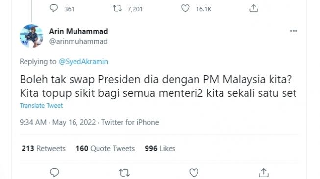 Warganet Malaysia geger minta tukar Perdana Menteri (PM) Ismail Sabri Yaakob dengan Presiden Jokowi. (Twitter/@arinmuhammad)