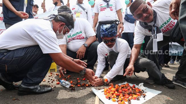 Petani Sawit yang tergabung dalam Asosiasi Petani Kelapa Sawit Indonesia (Apkasindo) menggelar aksi demonstrasi di depan Patung Kuda Arjuna Wijaya, Jakarta Pusat, Selasa (17/5/2022). [Suara.com/Alfian Winanto]