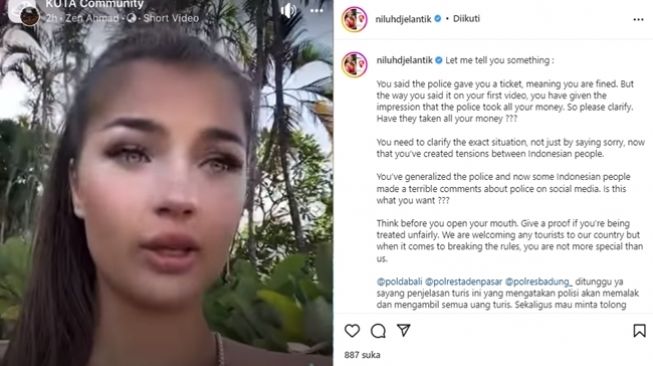 Miss Global Estonia 2022 Valeria Vasilieva menyebut polisi Bali korupsi karena menilangnya dan akan menghabiskan uang para turis internasional. (Instagram/@niluhdjelantik)