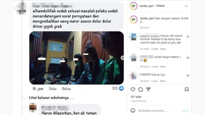 Akhir dari masalah driver ojek online tega membobol ATM korban kecelakaan yang ditolongnya dengan dalih harus membayar administrasi rumah sakit. (Instagram/@lambeojol)