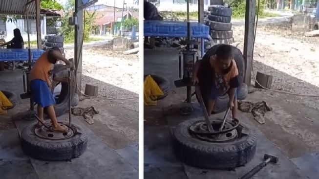 Viral Aksi Bocah Bongkar Ban Truk Bikin Publik Terenyuh, Warganet: Insyaallah Sukses Dek!