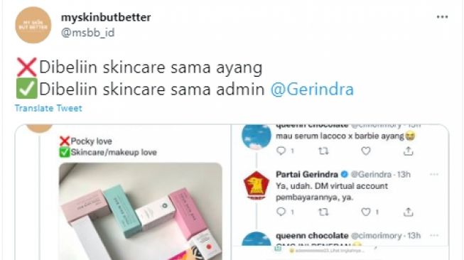 Bukan Ayang, Orang ini Dapat Produk Skincare dari Admin Gerindra, Warganet: Lebih Peka dari Cowok Gue