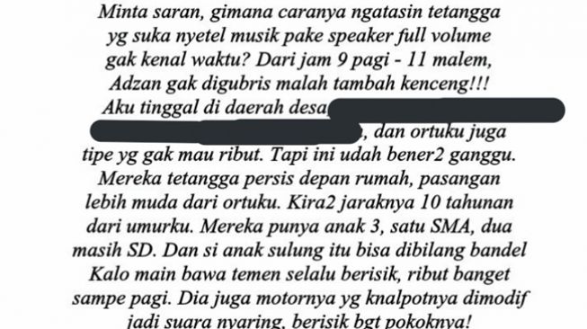 Curhat punya tetangga suka menyetel musik dangdut volume penuh dari pagi sampai malam, bahkan suara azan berkumandang juga tidak dipedulikan. (Twitter/@SeputarTetangga)