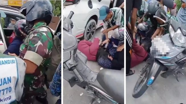 Ibu-ibu labrak suaminya yang diduga sedang berduaan bersama wanita lain, tetap jambak-jambakan sampai harus dilerai TNI. (Instagram/@andreli_48)