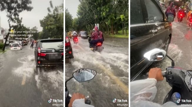 Pemotor mengacungkan jari tengah usai ditegur karena menyalip di jalan banjir. (TikTok/@fhystyfld)