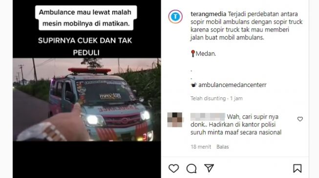 Sopir truk diduga malah sengaja mematikan mesin meski ambulans di hadapannya sudah menyalakan sirine lantaran akan lewat untuk menjemput pasien. (Instagram/@terangmedia)