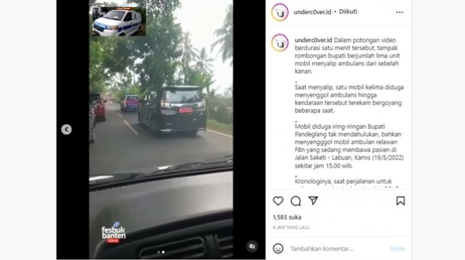 Rombongan diduga mobil dinas Bupati Pandeglang tak mau mengalah hingga mobil patwal paling akhir terekam menyenggol ambulans. (Instagram/@underc0ver.id)