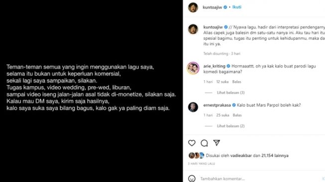 Kunto Aji membebaskan siapa saja memakai lagunya tanpa izin, asal tidak dipakai untuk komersil. [Instagram]