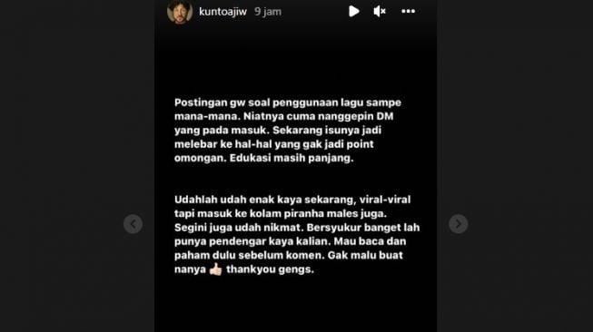 Pernyataan Kunto Aji soal heboh pernyataanya soal memebaskan orang-orang untuk memakai lagunya. [Instagram]