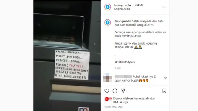 Emak-emak panik kena tipu dan kartu ATM tertelan, modus penipuan bikin publik elus dada. (Instagram/@terangmedia)