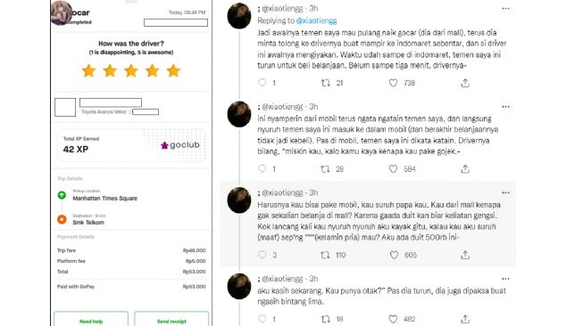 Curhatan penumpang mendapatkan hal tidak mengenakkan dari sopir taksi online selama perjalanan (Twitter)