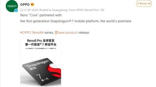 Postingan Oppo, bocoran peluncuran Reno8. [Weibo]