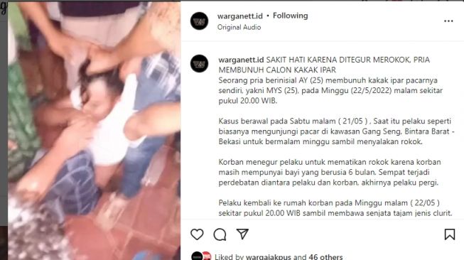 Pemuda di Bekasi bunuh kakak pacar sendiri gara-gara ditegur merokok saat kencan. (Instagram)