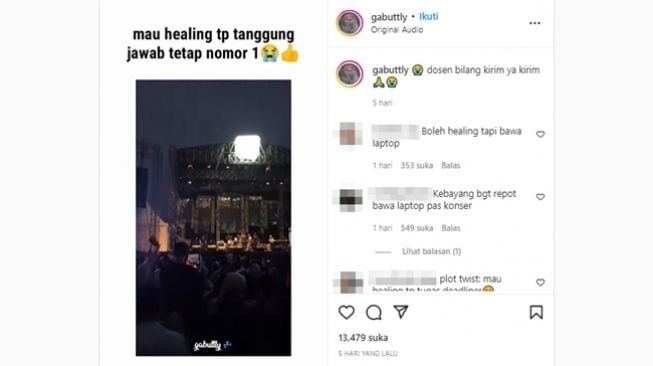 Cowok terekam membawa laptop demi menyelesaikan deadline saat akan healing dengan menonton konser. (Instagram/@gabuttly)