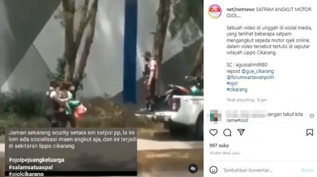 Satpam di kawasan Lippo Cikarang mengangkut motor ojek online dan diklaim tanpa ada sosialisasi terkait regulasi yang berlaku sebelumnya. (Instagram/@net2netnews)