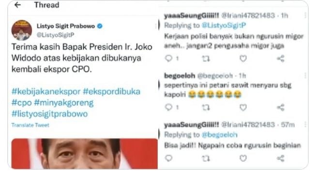 Kapolri Ucapkan Rasa Terima Kasih ke Jokowi Lewat Cuitan soal Eskpor CPO, tapi Langsung Dihapus? (Twitter/hipohan)