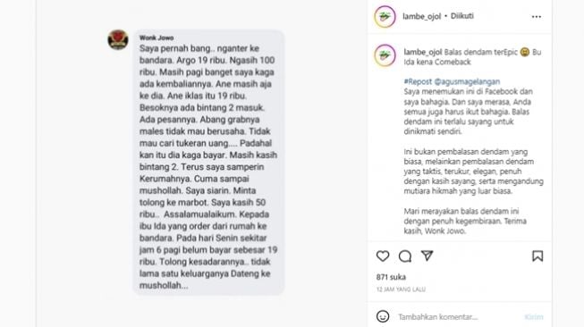 Driver ojol curhat customer ngelunjak, malah kasih bintang 2 walau sudah diantar gratis ke bandara karena tidak ada uang kembalian. (Instagram/@lambe_ojol)