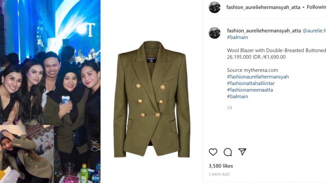 Aurel Hermansyah kenakan balzer keluaran Balmain dengan harga Rp26 juta (Instagram/fashion_aurelhermansyah_atta)