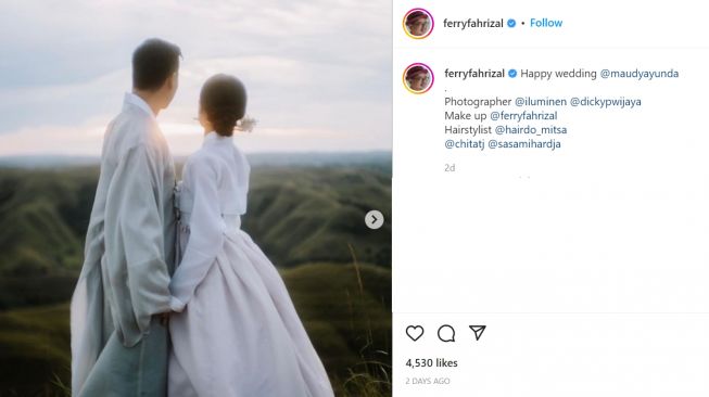 Maudy Ayunda mengenakan pakaian hanbok berwarna putih ketika menikah dengan Jesse Choi yang maknanya sangat mendalam (Instagram/ferryfahrizal)