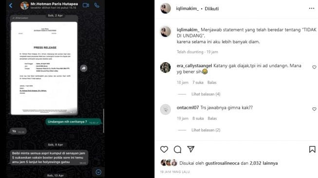 Iqlima Kim beri bukti kalau dirinya diundang Hotman Paris, sekaligus membantah pernyataan pengacara 62 tahun tersebut. [Instagram]
